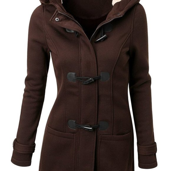 Pea Coat Jacket Brown Hood Toggles& Zipper Pockets - Picture 2 of 16